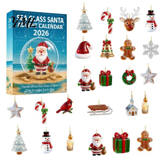 Christmas Party Favors Sea Glass Advent Calendar, 24-Day Acrylic 2D Ornament Set Calendar with Lanyards Santa Gingerbread Man, Tree Hanging