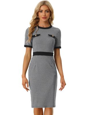 Allegra K Damen Lässiges Karomuster Fischgrätmuster Kleid mit kurzen Ärmeln und Kontrastbesatz, Schwarz, Größe M