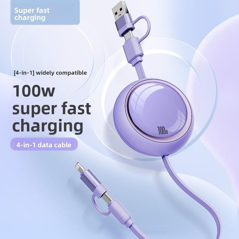 Retractable Four-in-One Data Cable 100W PD Fast Charge for USB-A/Micro Connectors for Mobile Phone Data Transfer