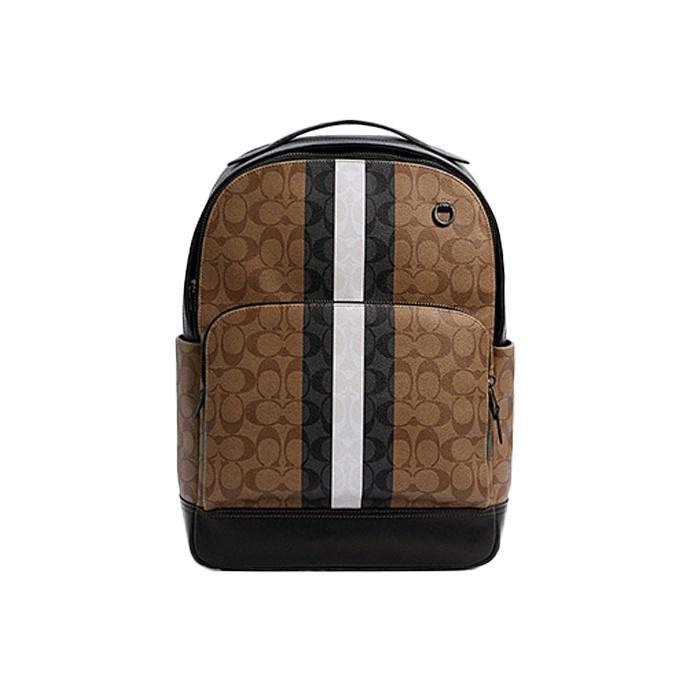 Coach Graham 29 Monogram Stripe Canvas And Leather Backpack Large Men Backpack Khaki Black C3230-QBE7V