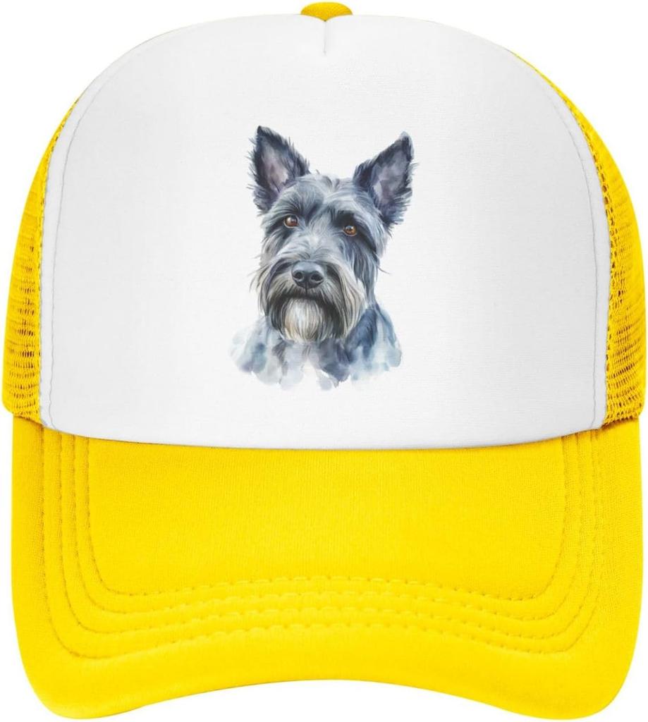 Scottish Terrier Portrait Trucker Hat Watercolor Dog Breed Mesh Baseball Cap Adjustable Outdoor Headwear