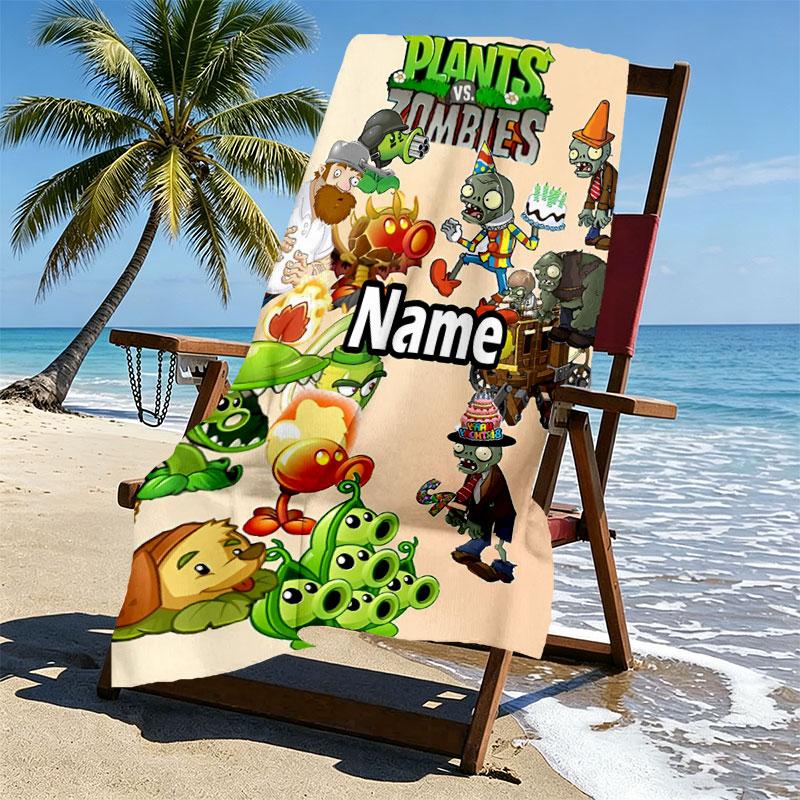 Custom Name Personalized Plants vs. Zombies Print Beach Towel, for Trip Camping Beach Party Home Decor, Birthday Gift for Family & Friends
