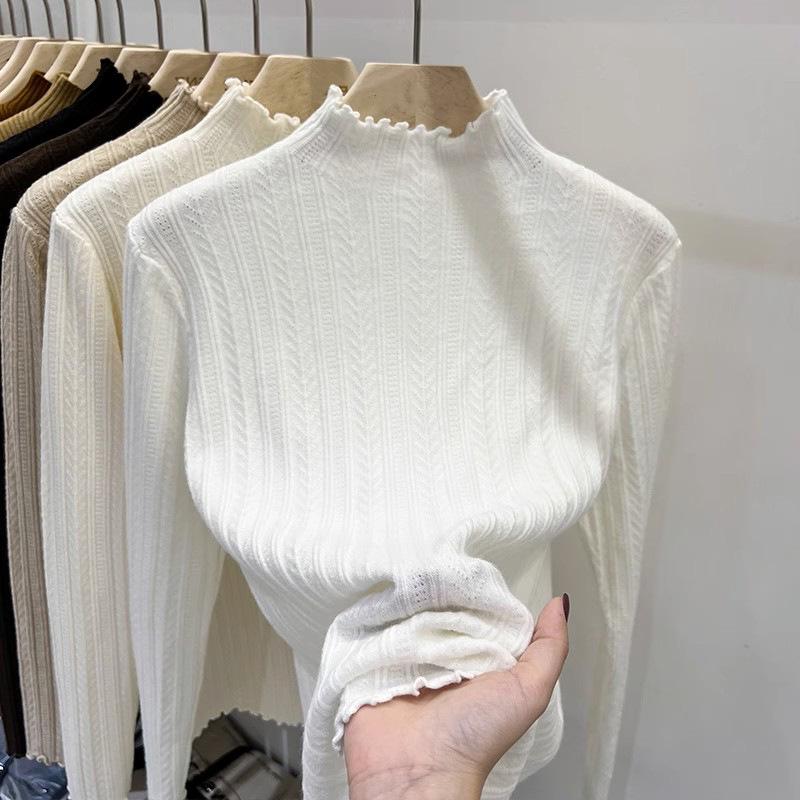 Women's Autumn Winter White Pullover Base Layer Sweater with Ruffled Trim - Half-High Neck Knit Inner Wear Top for Spring and Autumn