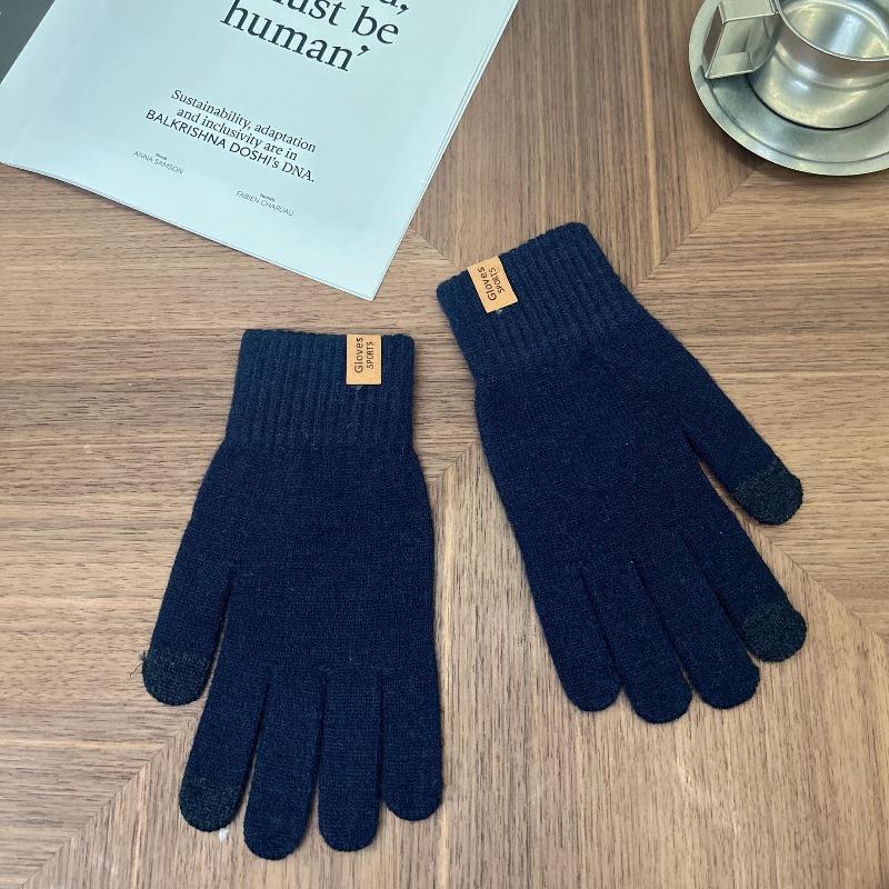 Winter Men's Leather Standard Knitted Gloves Can Be Piled To Keep Warm Wool Solid Color New Simple and Versatile Trendy