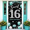 Sweet 16 Party Decorations, Fabric Happy 16th Birthday Banner Backdrop Teal Blue Silver, Sweet Sixteen Birthday Decorations for Girls, Turquoise 16