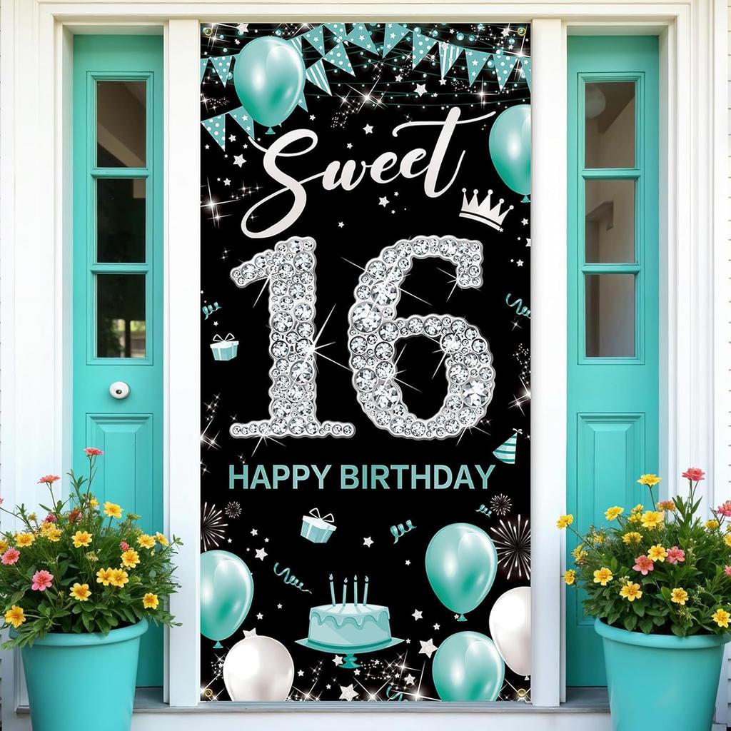 Sweet 16 Party Decorations, Fabric Happy 16th Birthday Banner Backdrop Teal Blue Silver, Sweet Sixteen Birthday Decorations for Girls, Turquoise 16