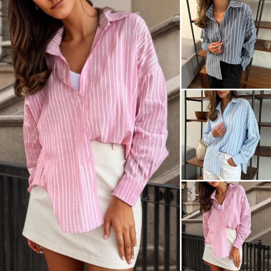 Women Shirt Lapel Long Sleeve Single Breasted Shirt Tops Mid-length Loose Fit Casual Tops Work Daily Life Wear