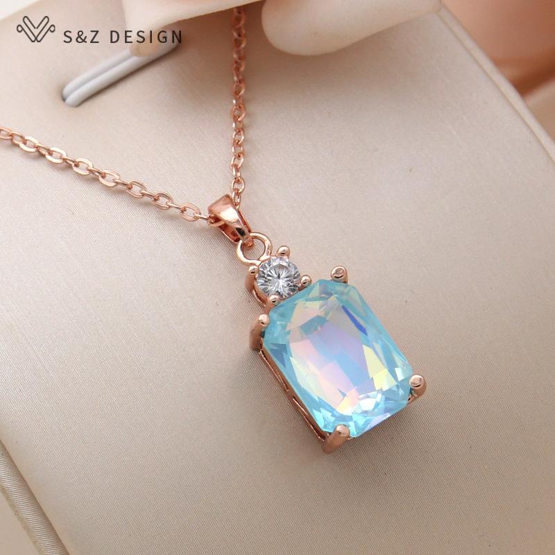 Fashion Cubic Zirconia Rectangle Crystal Pendant Necklace For Women Rose Gold Color Collarbone Chain Jewelry