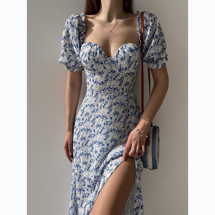 

Floral Print Mid Length Dress 2025 European American Style Waist Cinched Small синий