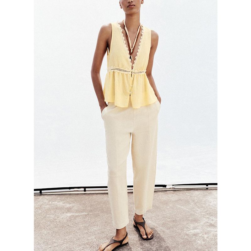 Summer Women's Single-Breasted Sleeveless V Neck Color Contrast Patchwork Lace Lace Trim Vest Tops 3666151