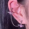 Zircon Heart-shaped Ear Barbell with Sweet and Cool Chain Wings Earrings, Titanium Steel Little Angel Wings Stud Earrings