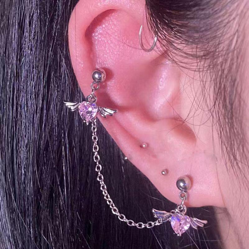 Zircon Heart-shaped Ear Barbell with Sweet and Cool Chain Wings Earrings, Titanium Steel Little Angel Wings Stud Earrings