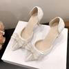 Temperament High Heels Women Pointed Head Shallow Mouth Cloth Surface Butterfly Knot Set Foot Non-slip Sandals