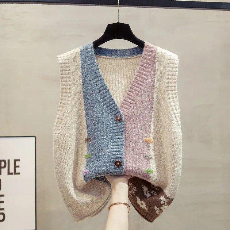 Color Block Sleeveless Sweater for Middle-Aged and Elderly Women - Versatile Knit Top for Spring/Autumn