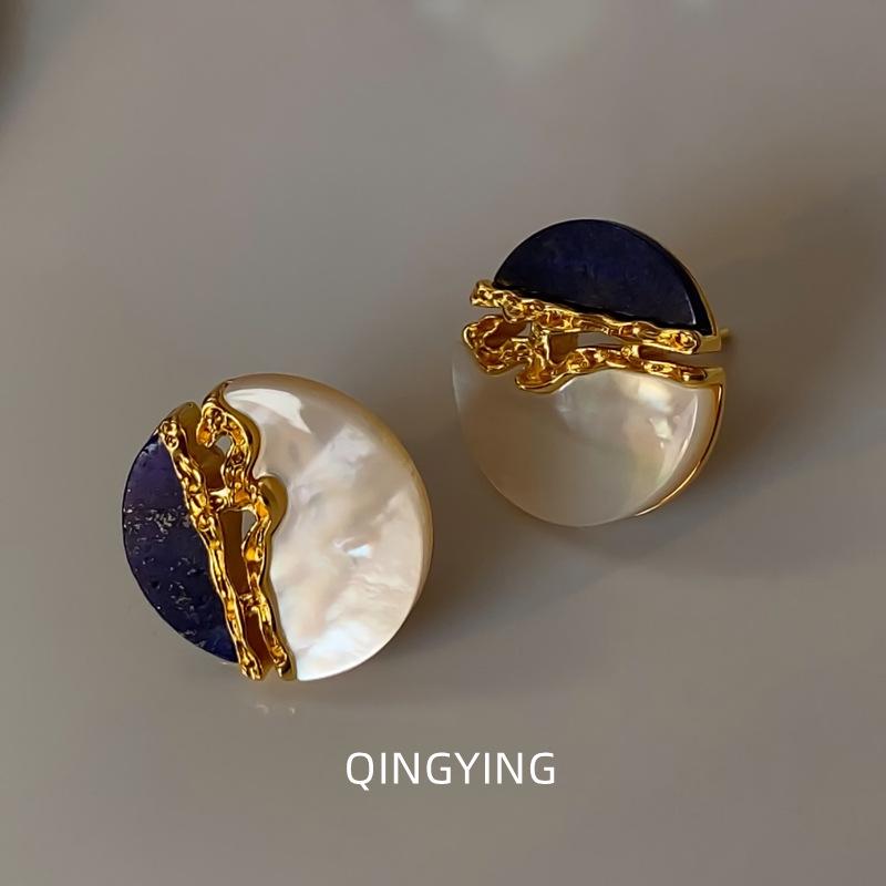 Guochao Lapis Lazuli & Mother-of-Pearl Artistic Luxury Stud Earrings with Silver Needle None латунный