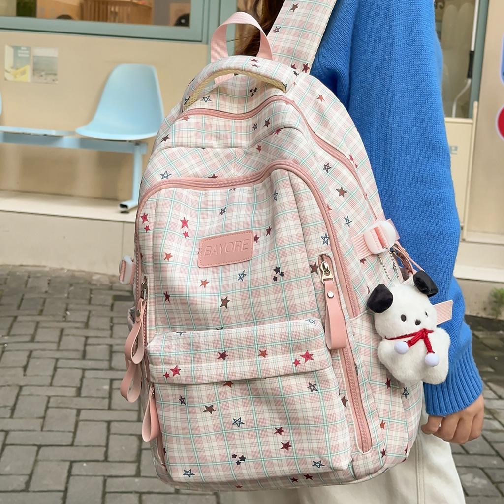 Schoolbag Junior High School Student High School Student Schoolbag Women's Casual Plaid Schoolbag Large Capacity Commuting Campus Versatile Travel 