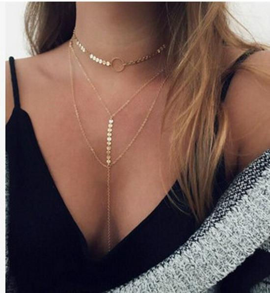 European & American Style Triple-Layer Tassel Disc Necklace