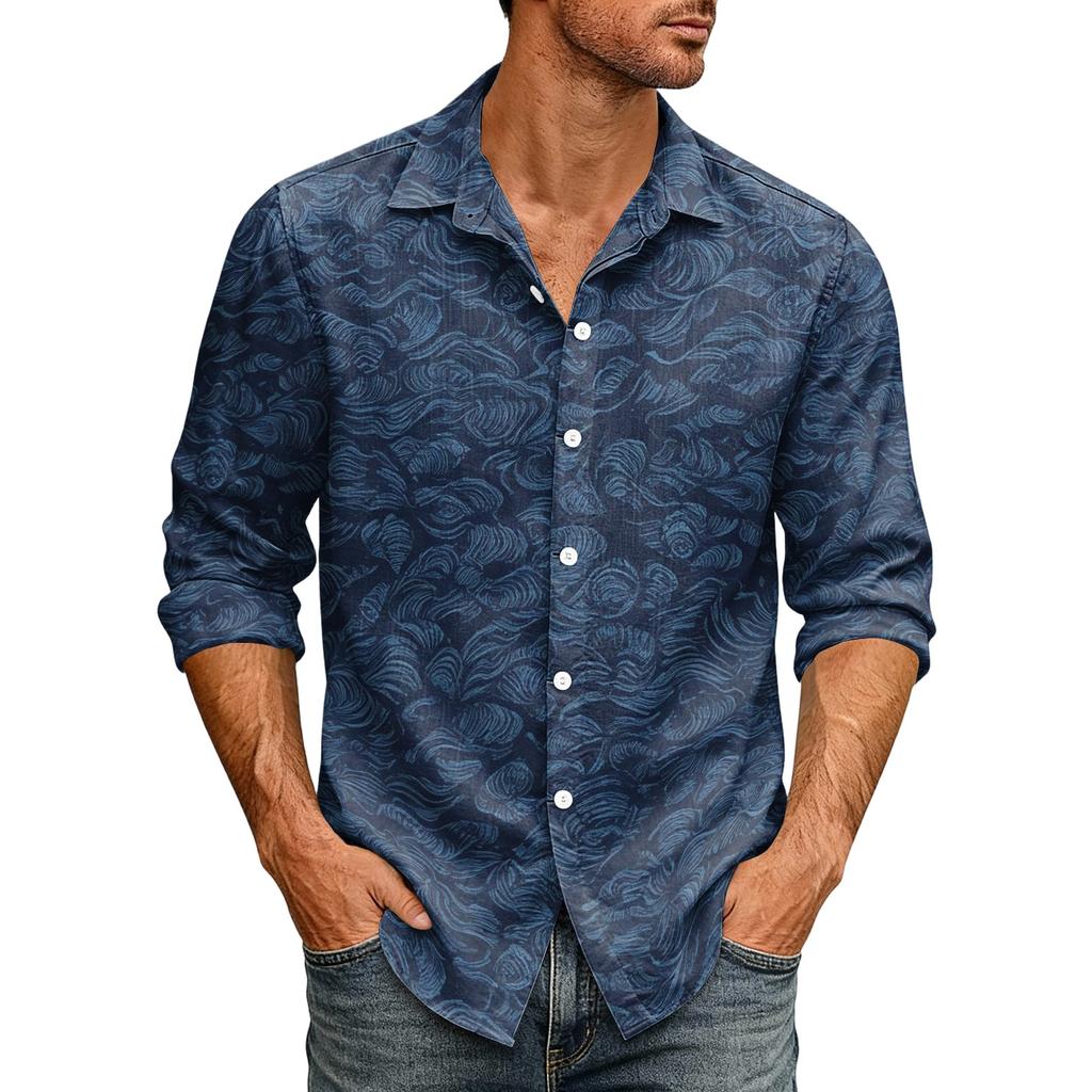 Men's Loose Fit Long Sleeve Shirt Hawaiian Style Retro Casual Button Down Collar Shirt Suitable for Spring and Autumn Wear