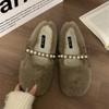fashion Women's Wool Shoes Cross Fluffy Casual Concise Warm Short Plush Flats 2024 Fashion Diamond Pearl Accessories Lazy Shoes Winter