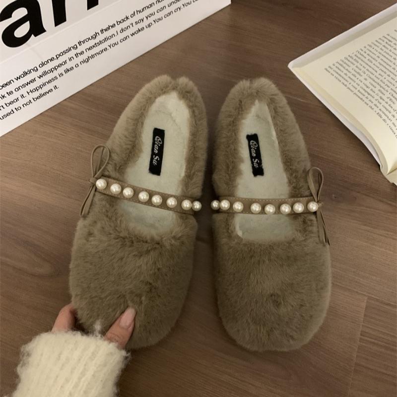 fashion Women's Wool Shoes Cross Fluffy Casual Concise Warm Short Plush Flats 2024 Fashion Diamond Pearl Accessories Lazy Shoes Winter