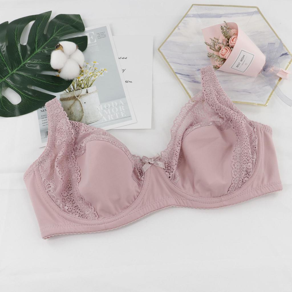 Women's Thin Mold Cup Back Three-Row Buckle Underwear Sexy Lace Edge Bow Bra Comfortable Breathable Steel Rim Bra
