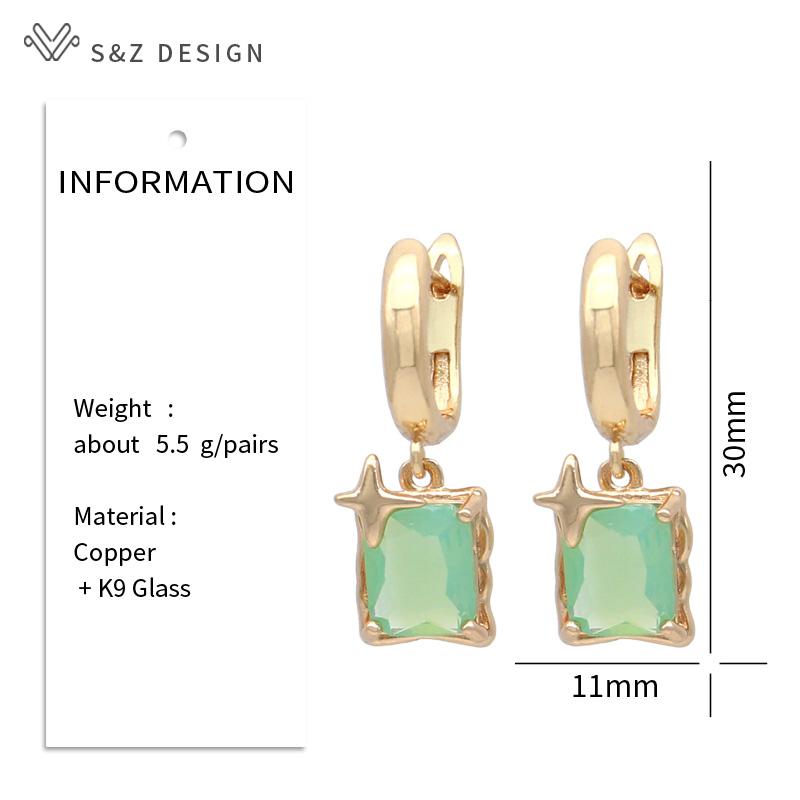 Fashion Rectangle Green Artificial Crystal Drop Earrings For Women Trendy Elegant Champagne Gold Color Jewelry