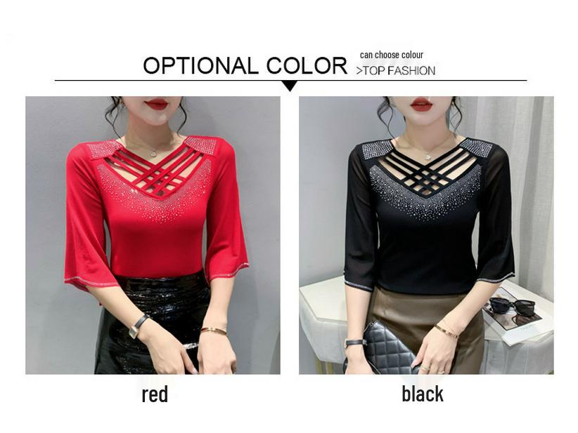 2024 Summer Mesh Fashion Cross Hollow Hot Drill Slimming Sun Protection Top for Women