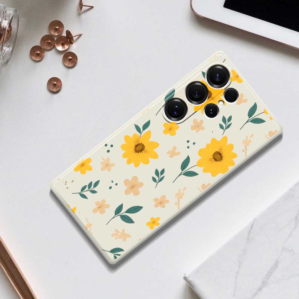 For Samsung Galaxy S25 Ultra Case Yellow Floral and Leaves Pattern Printing Straight Edge TPU Phone Back Cover