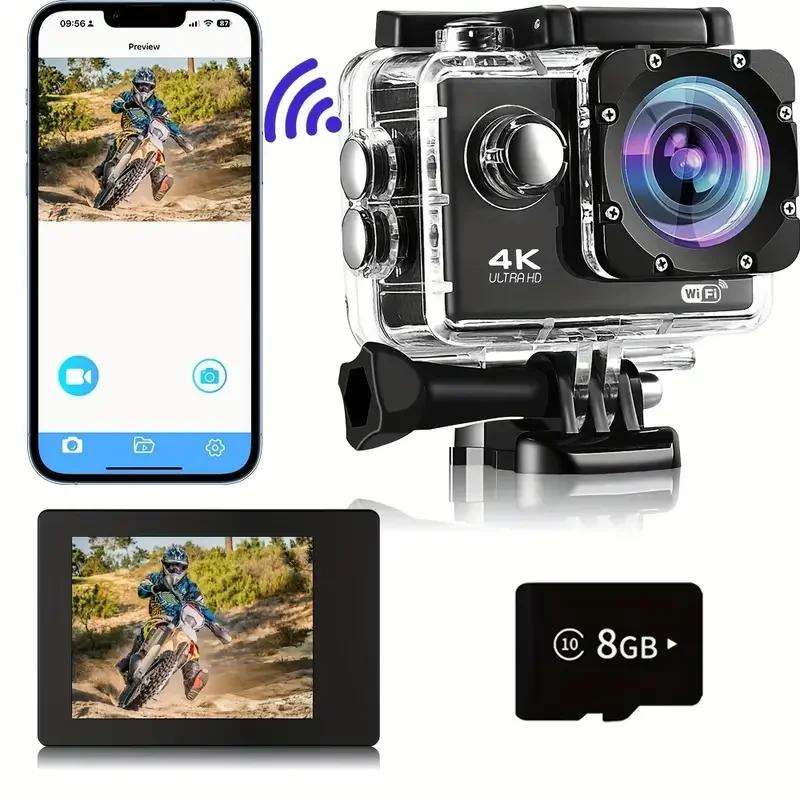 Ultra HD 4K Action Camera with WiFi - 30fps Waterproof Sports Camera (170° Wide Angle, 2.0" Screen) for Helmet & Underwater Use