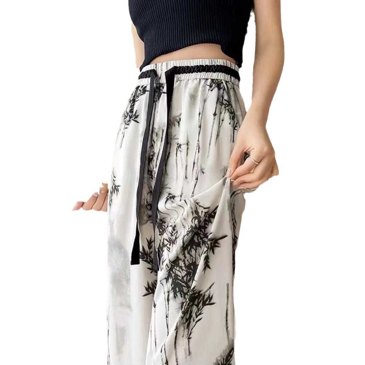 

Широкие брюки из ледяного шелка, женские летние тонкие чернильные брюки для защиты от солнца в китайском стиле, вращающиеся от ветра и снега XXXXXXL