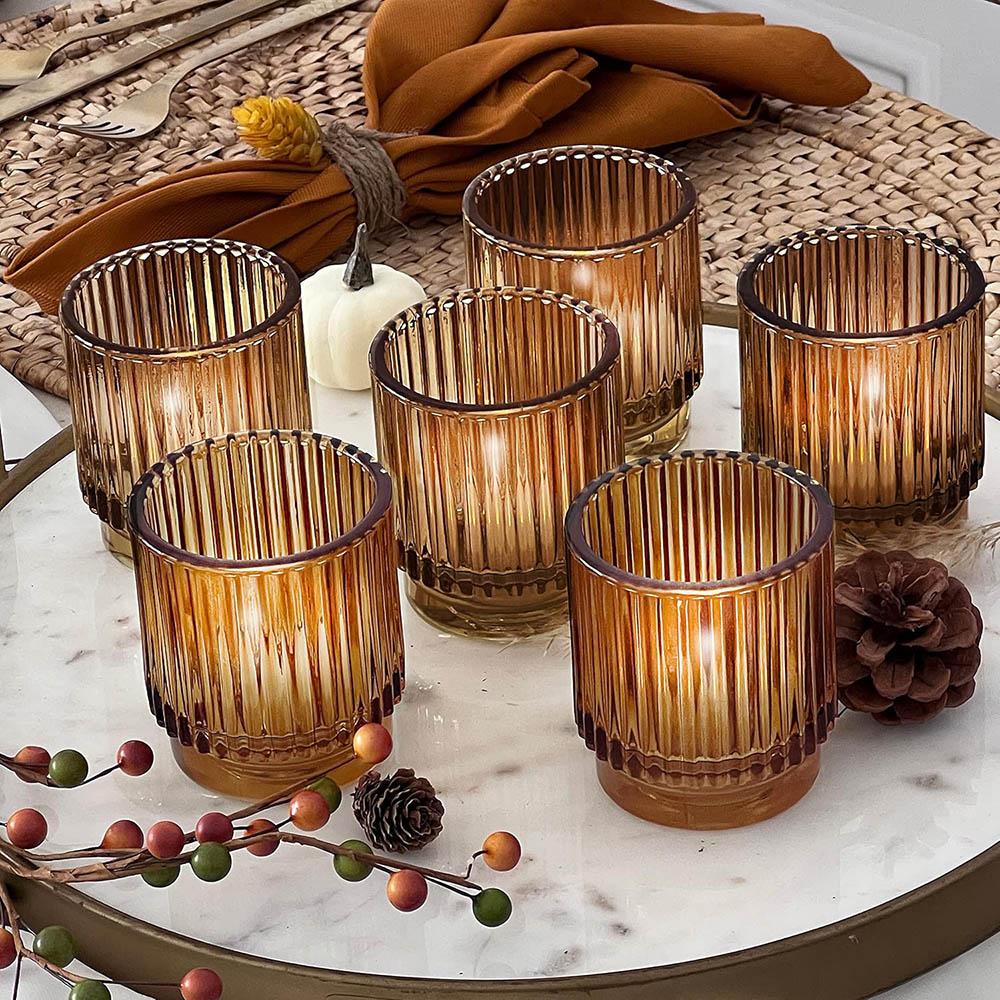Vintage Ribbed Amber Glass Tealight & Votive Candle Holders , Fall Decor, Boho Decor, Shelf Decoration