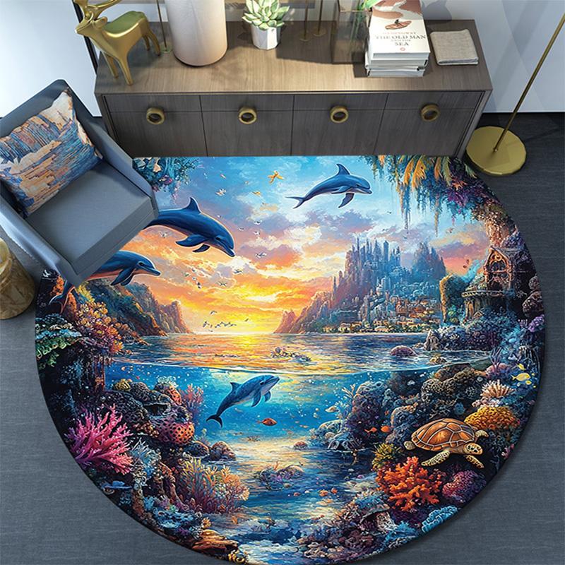 Dolphins Coral Round Area Rug,Carpet Rug for Living Room Bedroom Sofa Playroom Decor,Non-slip Floor Mat