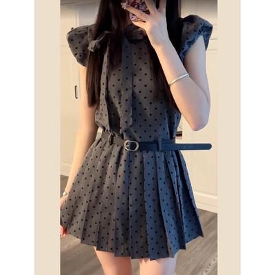 French Gray Polka Dot Small Flying Sleeve Dress Children's Summer New Small Sweet a Word Short Skirt