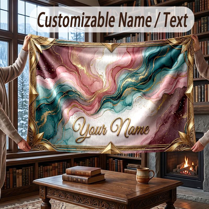 Abstract Geometric Theme Throw Blanket Custom Name Text Personalized Blanket Soft Cozy Blanket for Home Sofa Bed