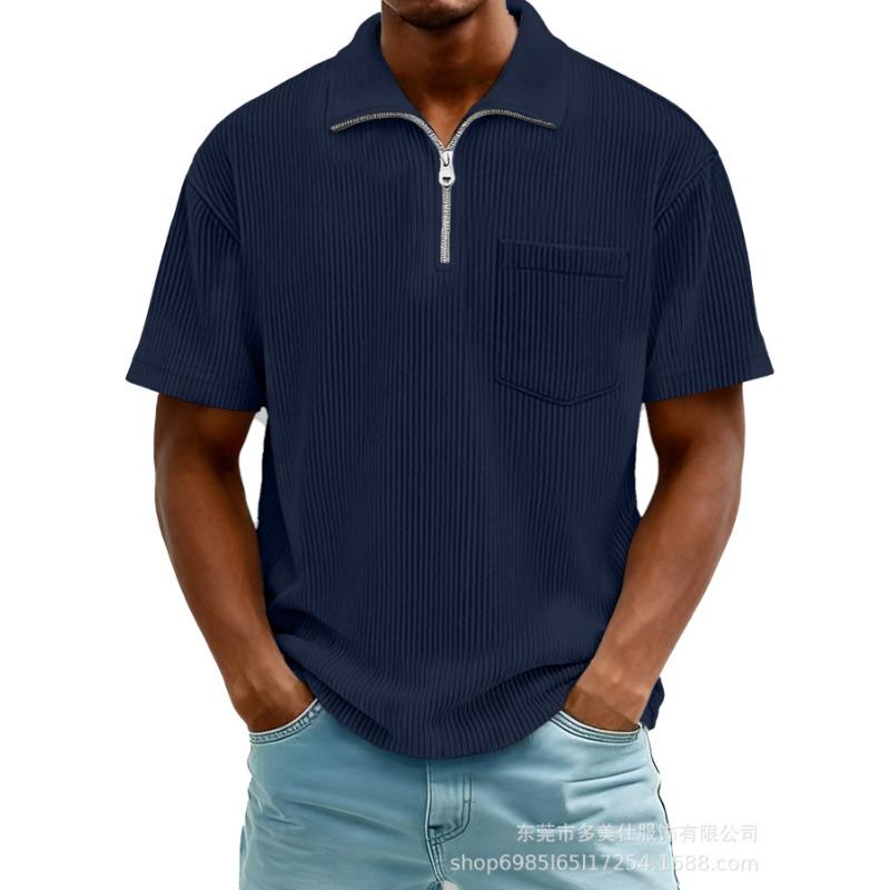 Mens Casual Solid Color Half Zip Short Sleeve Polo Shirt