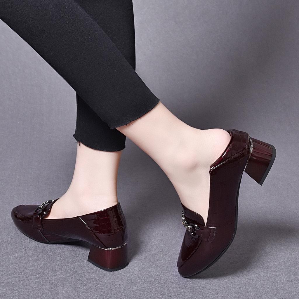 Pointed single shoes women's new cow patent leather metal buckle low heel square heel four-season shoes small leather shoes