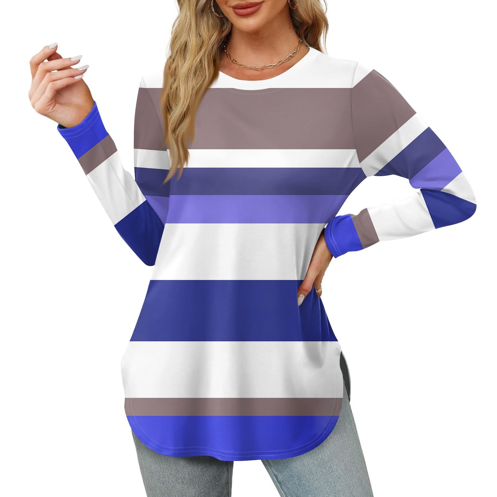 

Женская рубашка с длинными рукавами, круглым вырезом и боковым разрезом, винтажный повседневный топ с цветочным принтом и листьями L синий