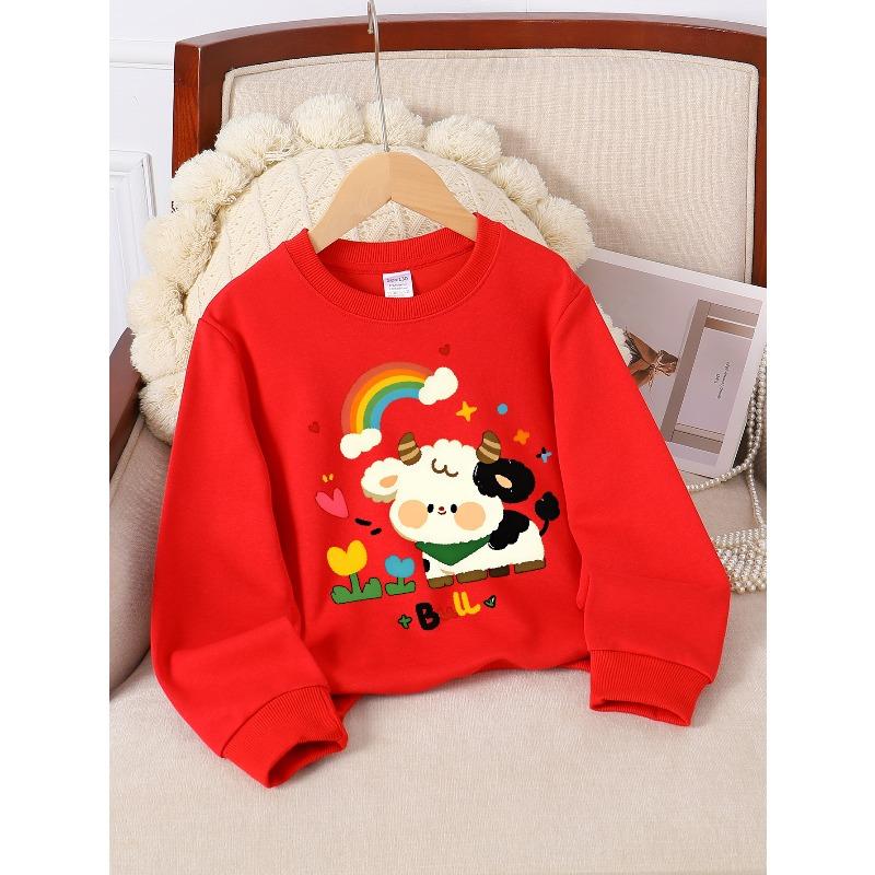 Girls Soft Crewneck SweatshirtCute Cartoon Bull Rainbow Print Design with Cute Creative Print, Casual All-Match for Fall Winter, Ideal Holiday Present
