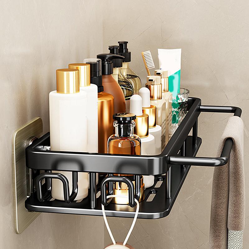Aluminum Shower Caddy, Adhesive Shower Shelves, 2-Pack With Hooks And Rod For Towels, Wall Mount Rustproof Organizer
