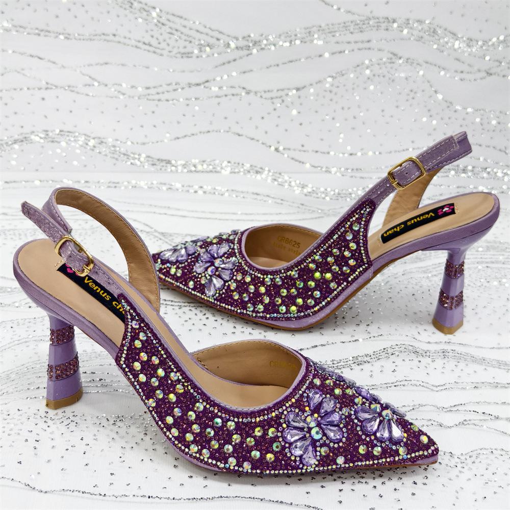 E-commerce Ladies' High Heels & Bag Set: Pointed Toe, Full Diamond Design, 3D Flower Accents, Matching Small Square Bag