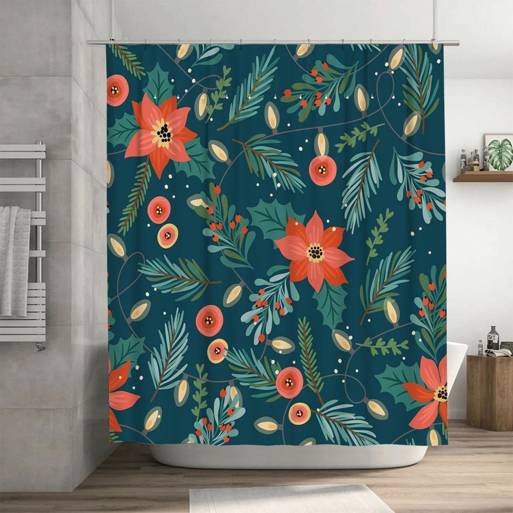 Christmas Shower Curtain Floral Print Waterproof Bath Decor for Bathroom Green Red Poinsettia Pattern Shower Liner Decoration Xm