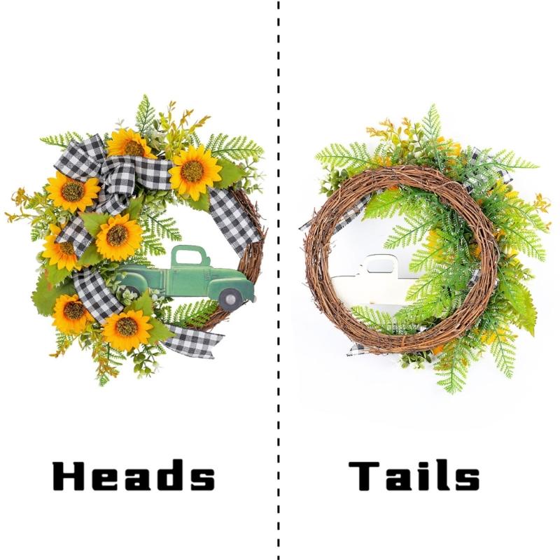 Sunflowers Wreath with Truck for Front Door, Artificial Spring Wreath for Farmhouse Outdoor Garden Wedding Decorations