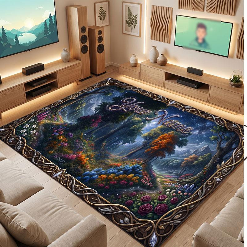 Mushroom Forest Theme Crystal Velvet Floor Rug Personalized Custom Name Text Warm Carpet Home Decoration