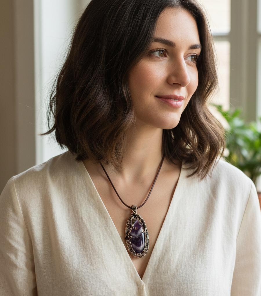 Handmade Copper Wire Wrapped Amethyst Pendant Necklace Natural Purple Amethyst Gemstone Jewelry for Women Vintage Boho Style