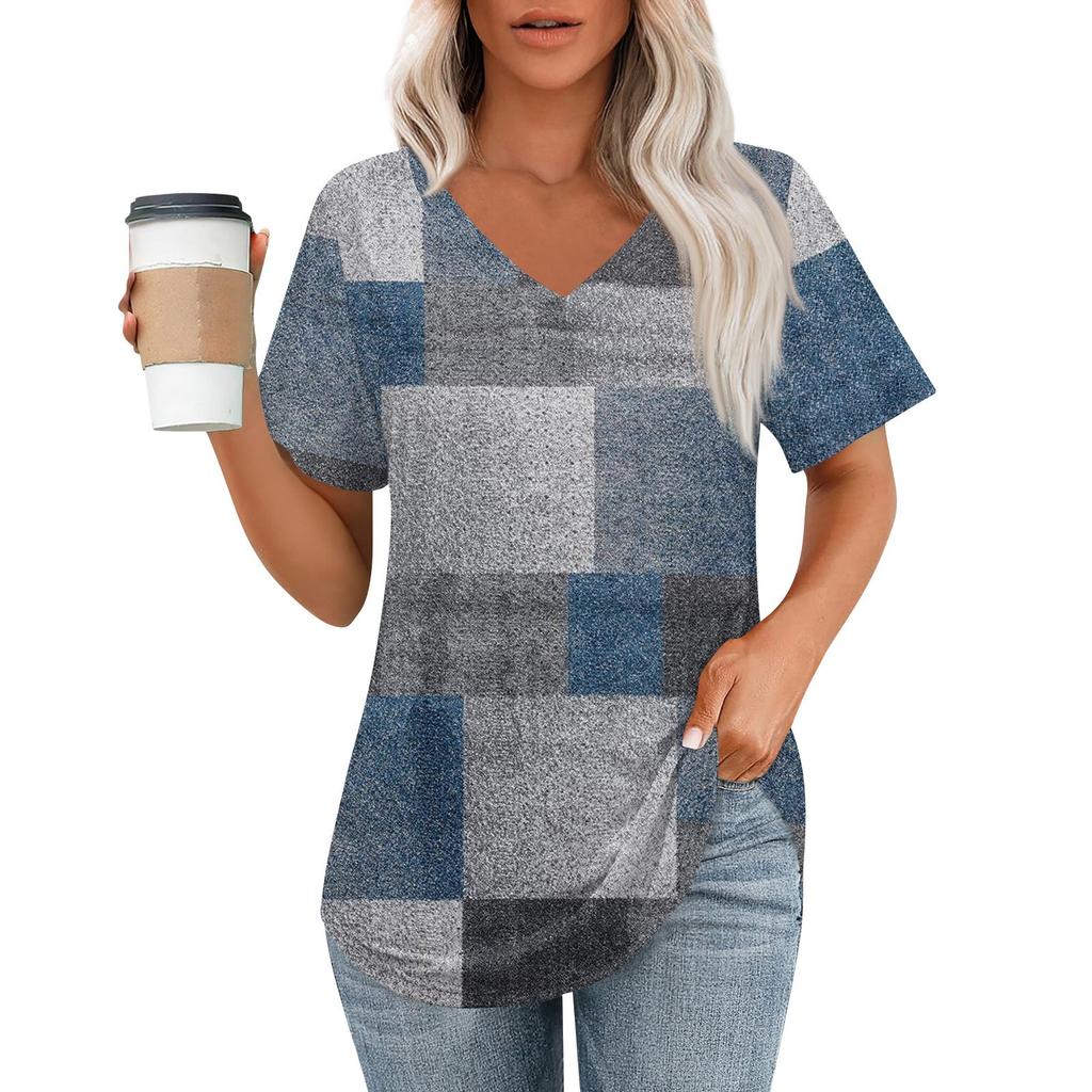 Dámská trička s výstřihem do V, s krátkým rukávem, ležérní topy, volný střih, základní trička se zakulaceným lemem
