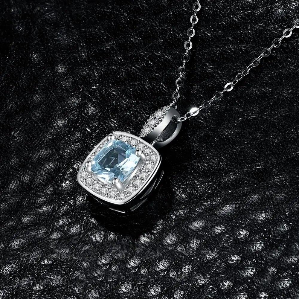 New Natural Sky Blue Topaz 925 Sterling Silver Halo Pendant Necklace for Women No Chain