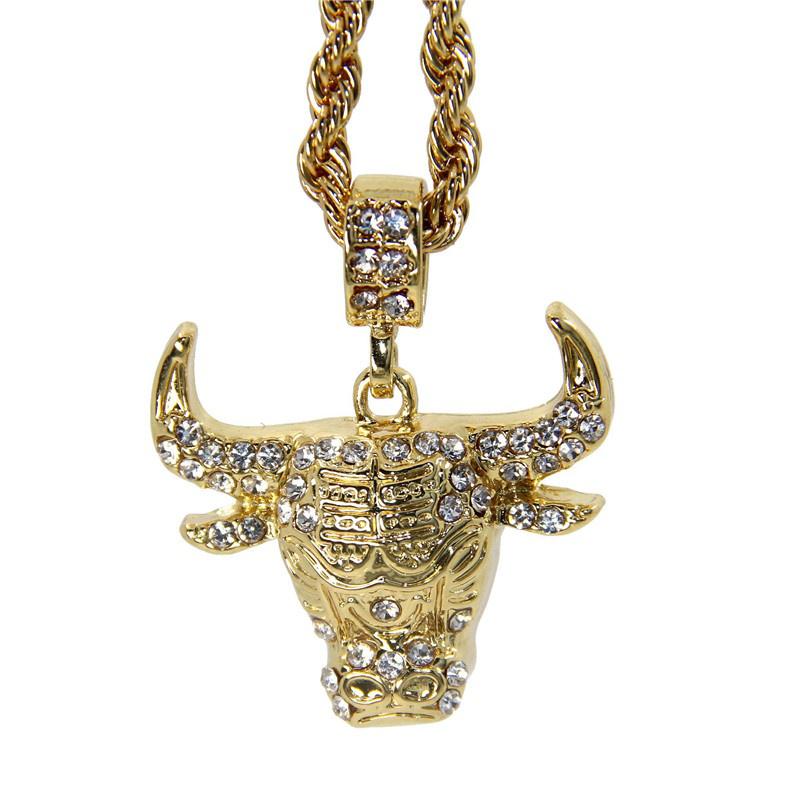 

Ожерелье с головой быка, инкрустированное стразами, кулон, инкрустированное стразами, длинная секция золотой