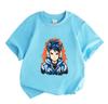 Kids 100% Cotton Crew Neck Short Sleeve T-Shirt, Cool Anime Blue Spiky Hair Gamer Boy Print Casual Soft Tee for Boys Girls Daily Wear