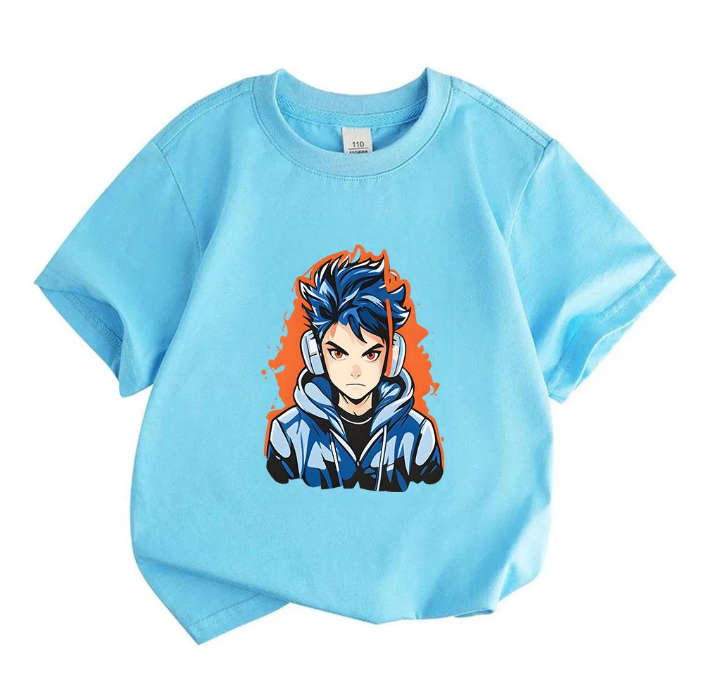 Kids 100% Cotton Crew Neck Short Sleeve T-Shirt, Cool Anime Blue Spiky Hair Gamer Boy Print Casual Soft Tee for Boys Girls Daily Wear