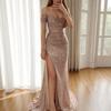 Sequin Off-the-Shoulder Slit Evening Gown - Elegant and Sexy Long Banquet Dress